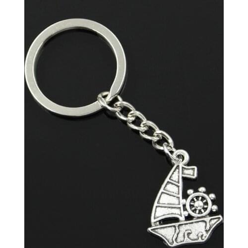 New Fashion Men 30mm Keychain DIY Metal Holder Chain Vintage Ship Boat 28x22mm Silver Color Pendant Gift