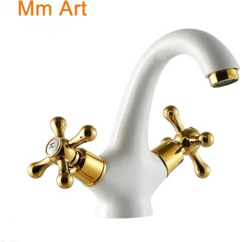 Wholesale and retail classic white and gold brass bathroom sink faucet dual holder white washbasin water tap mixer 7304W