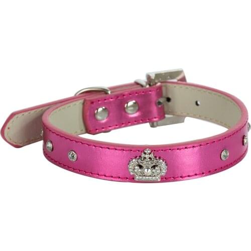 Rhinestones Crown Dog Collar Pu Leather Diamante Studded Adjustable Pet Puppy Necklace Strap For Small Dogs Pink Purple