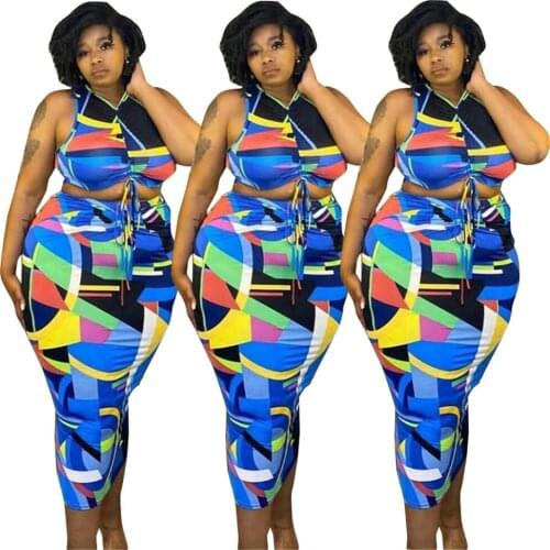 Plus Size Womens Clothing 5xl Pleated Print Sexy V Collar Lace-up Crop Top Midi Skirts Two Piece Suit Wholesale Dropshipping
