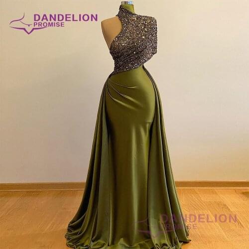 Luxury Dubai Green Mermaid Evening Dresses For Women 2021 Sleeveless Handmade Arab Formal Party Prom Gowns