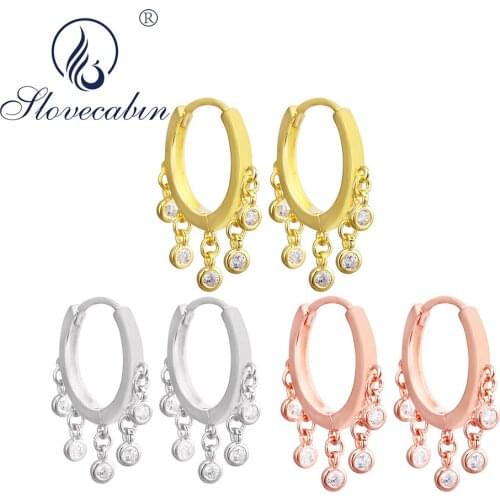 Slovecabin 925 Sterling Zircon Tassel Hoop Huggies Earring For Women Wedding Trendy Round White Crystal Ear Jewelry Accessories