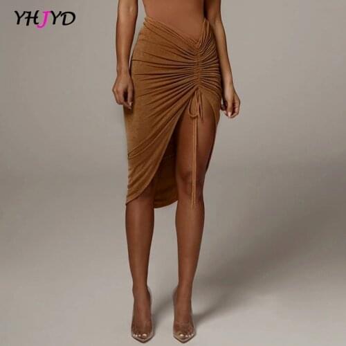 High Waist Ruched Bandage Sexy Skirt Autumn Winter 2020 Women Fashion Streetwear Outfits Chic Asymmetrical Drawstring Long Skirt