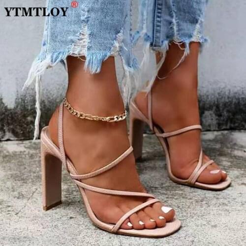 Women Sandals Pumps Summer Fashion Open Toe High Heels Shoes Females Narrow Band Thick Heels Party Ladies Shoes Sexy Casual