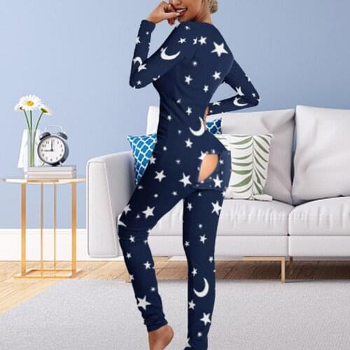 Women V Neck Jumpsuit Long Sleeve One Set Pajamas Sleepwear Full Pants Autumn Ladies Pajamas One Piece Cute Print Wear