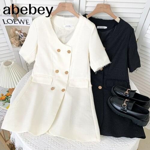 Temperament V-neck short sleeve Dress double breasted design loose casual solid short A-line suit Dress 2021 New Summer
