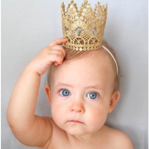 Nishine Gold Lace 3D Crown Kids Headband Newborn Girls Elastic Tiara Hairband Birthday Photography Props