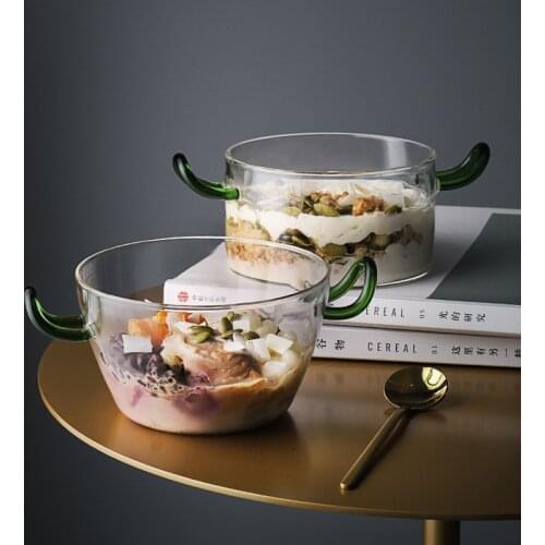 500ml Glass Salad Bowl With Handle Dessert Bowl Microwave Oven Heat-Resistant Breakfast Oats Ice Cream Household Bowls
