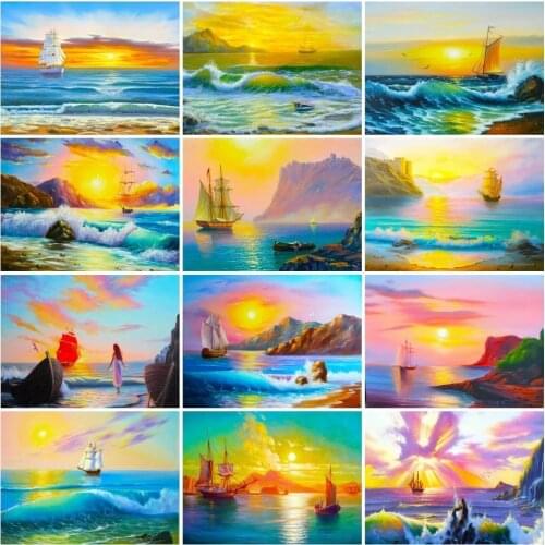 New Arrivals 5D Diy Diamond Painting Sunset Sea Boat Diamond Embroidery Landscape Cross Stitch Mosaic Handmade Home Decor Gift