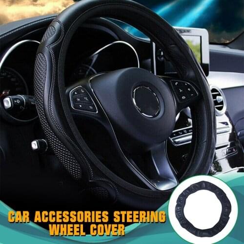 Pcmos Car Accessories Steering Wheel Cover Leather Breathable Anti-slip For 15''/38cm Interior Accessories Steering Covers Black