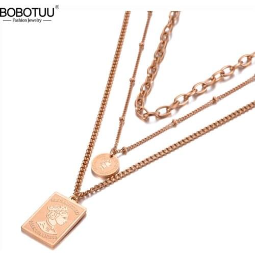 BOBOTUU Fashion Three-layer Queen Avatar Charm Pendant Necklaces Stainless Steel Chain & Link Choker Necklace For Women BN20095