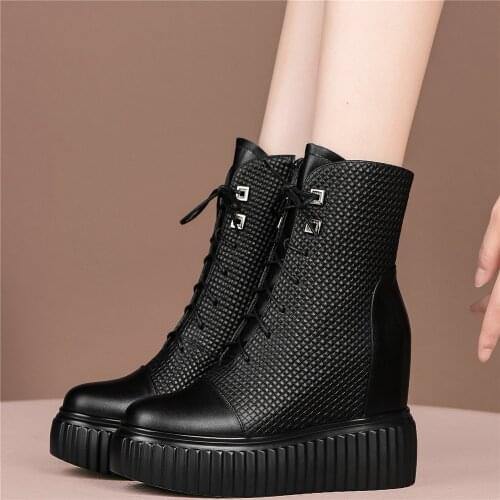 High Top Creepers Women Lace Up Genuine Leather Wedges High Heel Ankle Boots Female Warm Round Toe Fashion Sneakers Casual Shoes