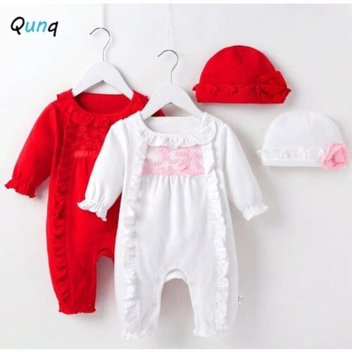 Qunq Baby Romper with Hat Long Sleeve Flower Ruffle Infant Girls Clothes Spring Fall Cotton Newborns Princess Costume Jumpsuits