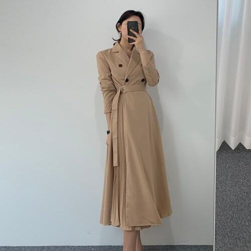 Elegant Korean Double Breasted Autumn Office Dress Lady Simple Notched Collar Long Sleeve with Belt Long Midi Dress Vintage