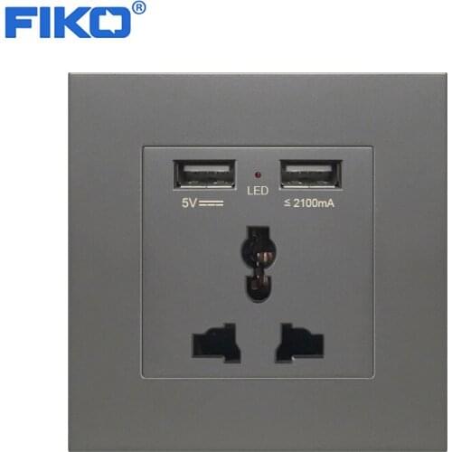 FIKO Gray PC panel 3 pin universal power socket with dual usb 86mm*86mm ,UK wall socket output 5V 2.1A Flame retardant