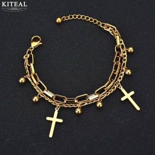 KITEAL 18KGP Gold Filled Gentlewoman charm bracelet Cross, heart shape, multi-layer bracelet one direction christmas gift