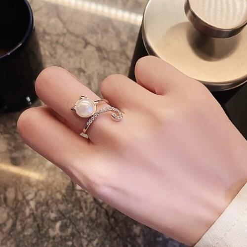 Ring Pearl Cat Head Rhinestone Finger Ring Open Design Cute Fashion Ring Jewelry for Women Girl Gift Adjustable Ring Wholesal