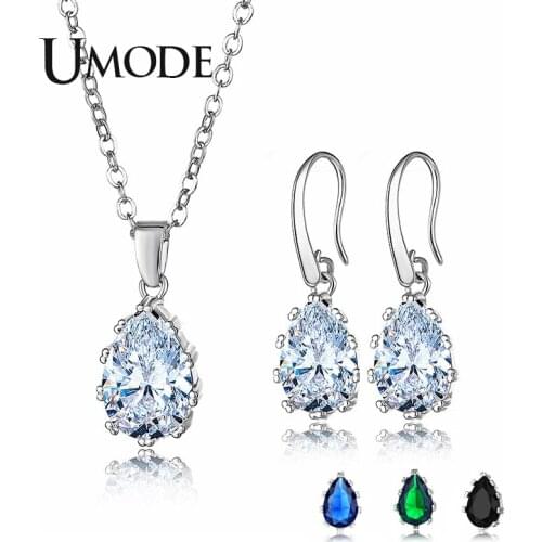 UMODE New Fashion Water Drop Pendant Necklace and Earrings Set for Women Blue Black Green Zircon White Gold Jewelry AUS0082