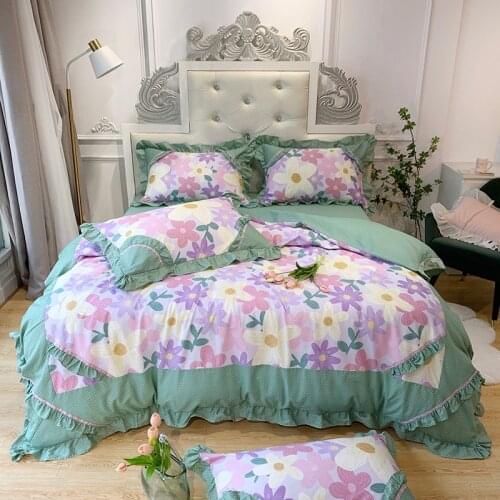 Pure Cotton Bedding Set, Lotus Leaf Lace, Princess Style, Four-piece Cotton, Plant Flower Printing Quilt Cover, Bed Linen Set