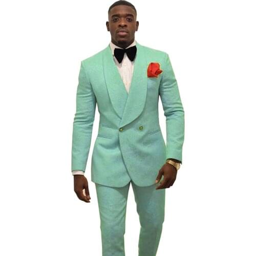 SOLOVEDRESS Mens Suit Turquoise Double Breasted Slim Jacquard Prom Dress Party Travel Blazer + Pants Customization