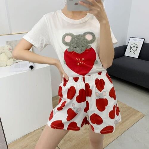 Summer Cotton Pajamas For Women Fashion Sleepwear Cute Cartoon Homewear suit heart Printed Pijamas Pyjamas Plus Size Nightwear