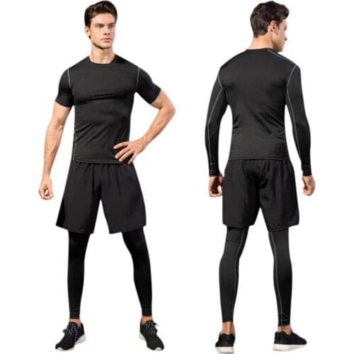 Mens tights fake two-piece fitness running training stretch quick-drying trousers