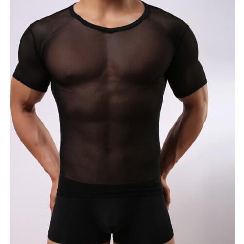 Mens Undershirts Mesh Transparent Gay Underwear Bodybuilding Koszulka Siatka Meska Sheer Shirts Shorts Sleeves Male T Shirts