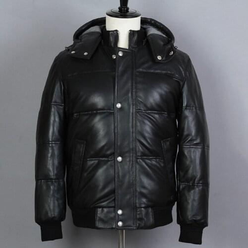 Mens Genuine Leather Down Jacket Sheepskin Thick Short Hooded Winter Coat Casual Real Leather Down Coat men