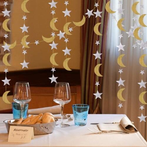 Wedding Birthday Event Party 4M Gold Silver Star Moon Shape Paper Garlands Eid Mubarak Party DIY Decorations Ramadan Kareem