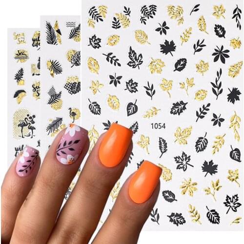 1 Sheet 3D Gold Black Leaf Nail Stickers DIY Maple Design Laser Shiny Manicure Decoration Geometrics Lines Adhesive Nail Decals