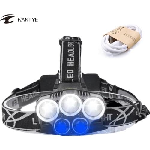 5LED Headlight 18650 USB Rechargerable Headlamp 15000LM 3*T6+2*Blue Lighting Light Flashlight Head Light Lantern For Fishing