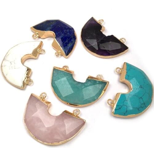 Natural Rose Quartzs Turquoises Pendants Semicircle Shape Double Hole For Jewelry Making DIY Necklace Accessories 30x40mm