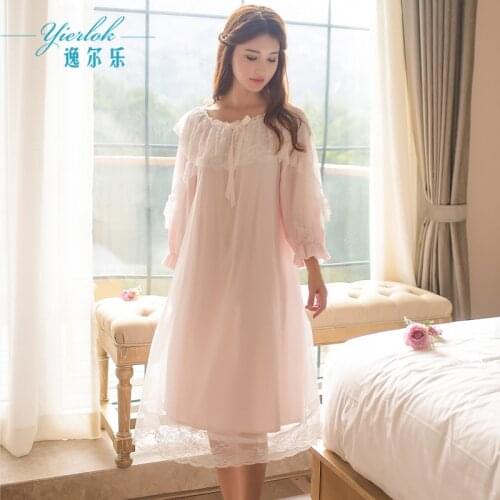 Autumn New Style Cotton Long Sleeve Nightdress Womens Retro Palace Sweet Princess Nightdress Lace Mesh Beautiful Home Clothes
