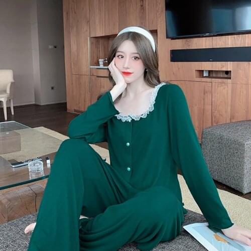 Pajamas Womens New Autumn And Winter Fashion Fine Pit Cotton Comfortable Lace Ins Style Long-Sleeved Suit Home Service
