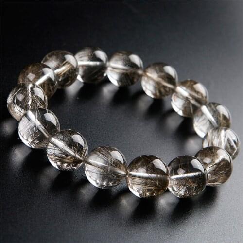 Genuine Brazil Natural Silver Hair Rutilated Quartz Crystal Bead Fashion Lady Healing Bracelet 14mm