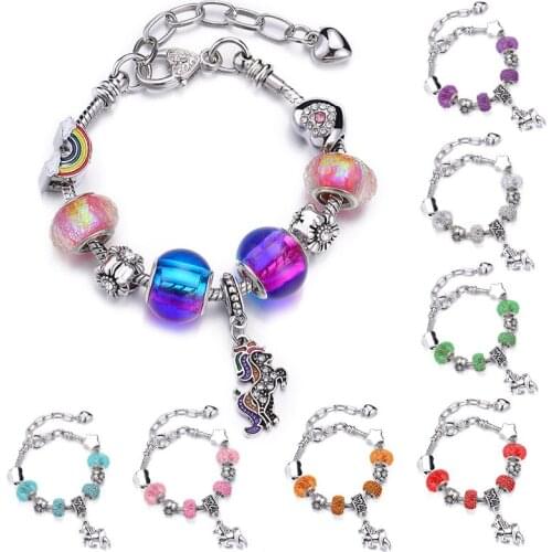 Fit Pan Brand Pony Unicorn Pendant Rainbow Charms Bracelets for Women Glass Beads Heart Chain Pulsera Men Jewelry Christmas Gift