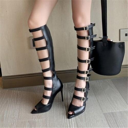PXELENA Sexy Rome Women Gladiator Sandals Knee High Boots Summer Stiletto Super High Heels Buckle Hollow Out Shoes Large Size 45