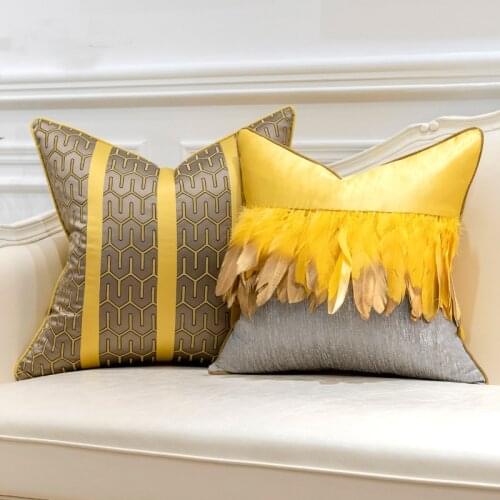 Luxury Gray White Yellow Feathers Patchwork Striped Cushion Covers Home Decorative Pillow Cases for Sofa Living Room