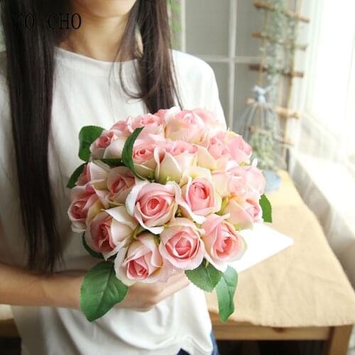 YO CHO Wedding Bouquet Pink Roses Flower Bridal Bouquet White Artificial Wedding Bouquet for Bridesmaids Holder Wedding Supplies