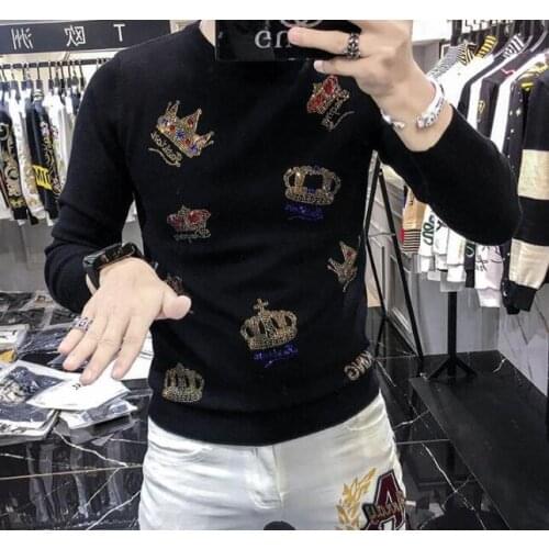 Drop shipping hot diamond crown sweater mens fashion brand autumn winter mens long sleeve young man sweater