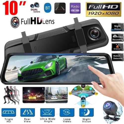 Vehemo 1080P Driving Recorder Car DVR Dual Lens 10 Inch Parking Monitor Camera Dash Cam Night Vision IPS Rearview Mirror Camera