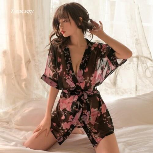 Womens pajamas fun underwear sexy deep V bow tie tie womens fashion printed chiffon robe suit sexy lingerie