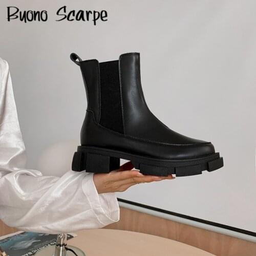 Real Leather Chunky Heel Women Boots Ankle Boots Platform Shoes Women Chelsea Boots Round Toe Silp On Botas Mujer Footwear New