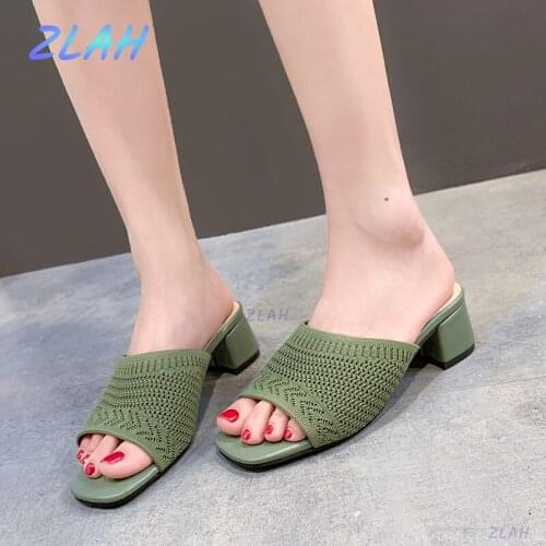 Womens Mid-heel Sandals and Slippers Zlah Summer New Style Flying Woven Word Fashion Womens Sandals and Slippers