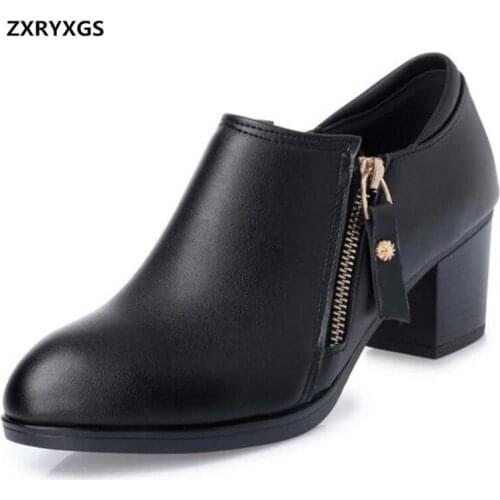 2019 New Spring Deep Mouth Genuine Leather Shoes Ladies Side Zipper Square Heel Work Shoes Woman Shoes High Heels 6 Cm Plus Size