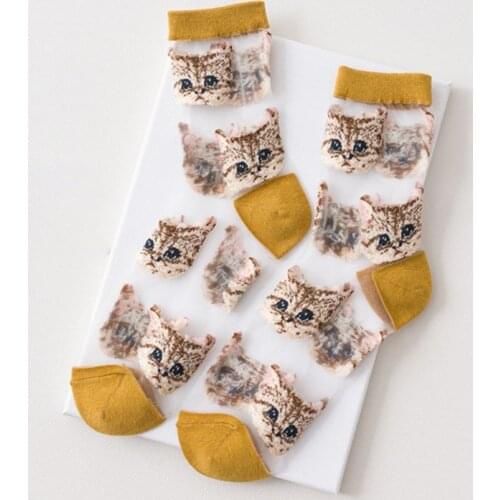 Women Ultra Thin Cute Ankle Socks Transparent Glass Fiber Meow Cat Tube Hosiery F3MD