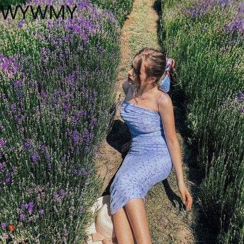 WYWMY Double Layer Mesh Women Dress Summer 2021 Elegant Floral Print Spaghetti Straps Midi Dresses Sexy Party Slim Ruched Dress