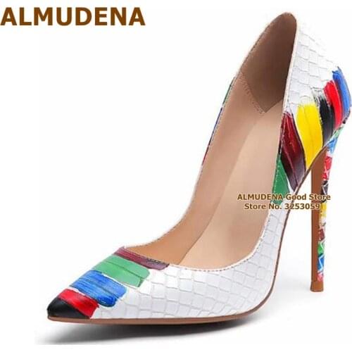 ALMUDENA White Snakeskin Multi Lipstick Coloring High Heel Shoes Designer Colorful Graffiti Printed Wedding Pumps Size45 Women