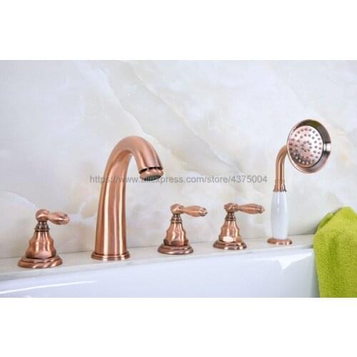 Antique Red Copper Roman Bathtub Mixer Faucet Set with Handheld Shower Deck Mounted 5 Holes Hot and Cold Taps Ntf237