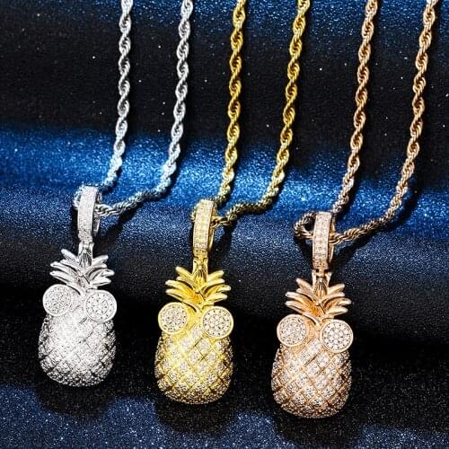 Full Copper Micro Pave Cubic Zirconia Pineapple Necklace Men Hip Hop Jewelry Bling Iced Out Pendant Necklace With Tennis Chain